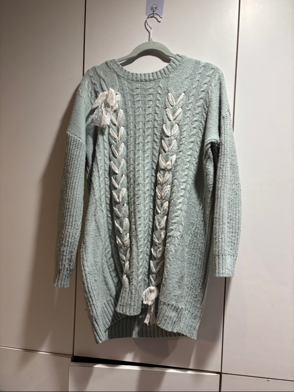 Francesca's Collections Mint Cable-Knit Crewneck Sweater‎ Dress with Lace Detail